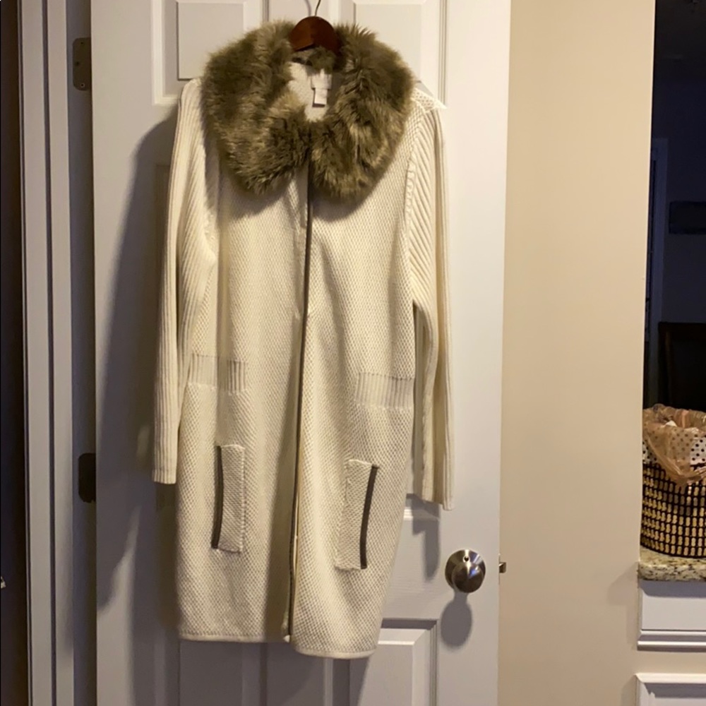 Chico’s faux fur collar Alina cardigan.